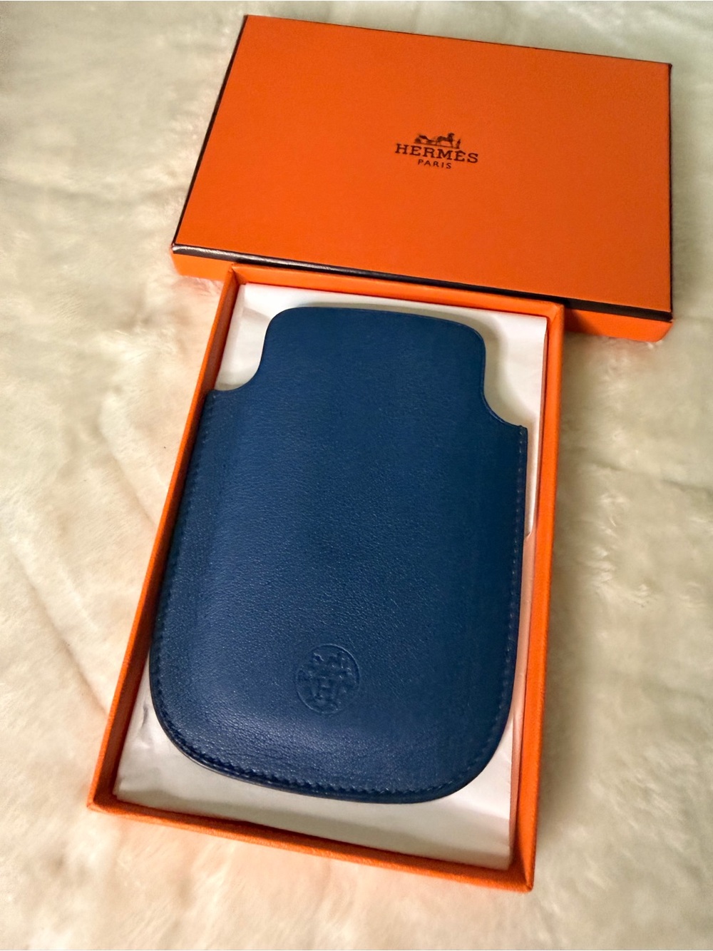 Hermes Blue Leather Slip Phone Sleeve